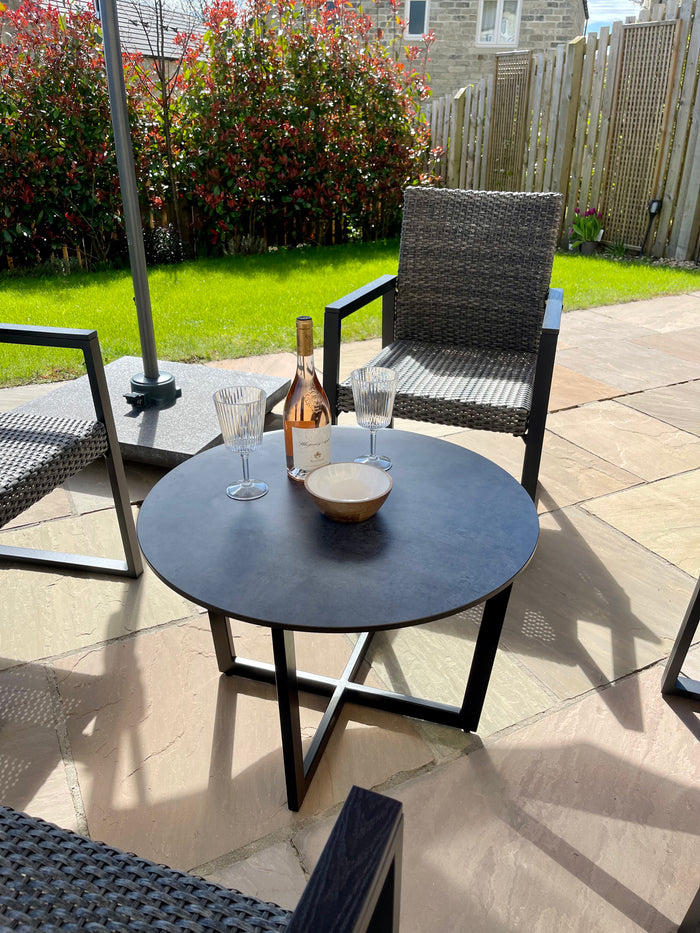 Outdoor table set up with wine