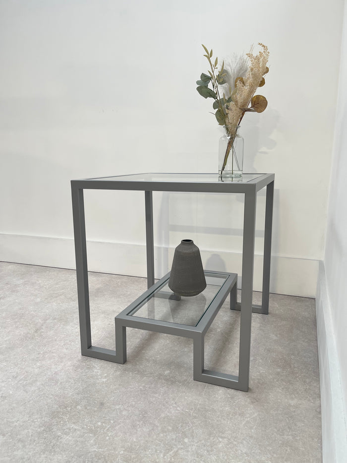 side view of a light grey coffee table