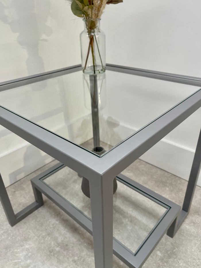 close up of light grey metal side table 
