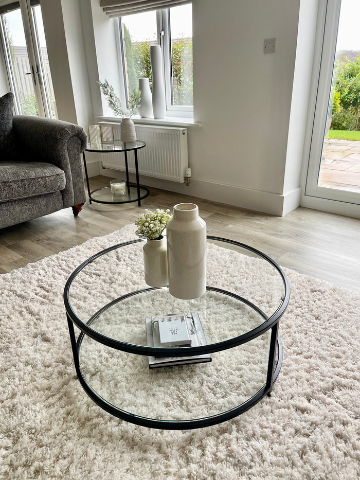 circular glass top and metal frame coffee table