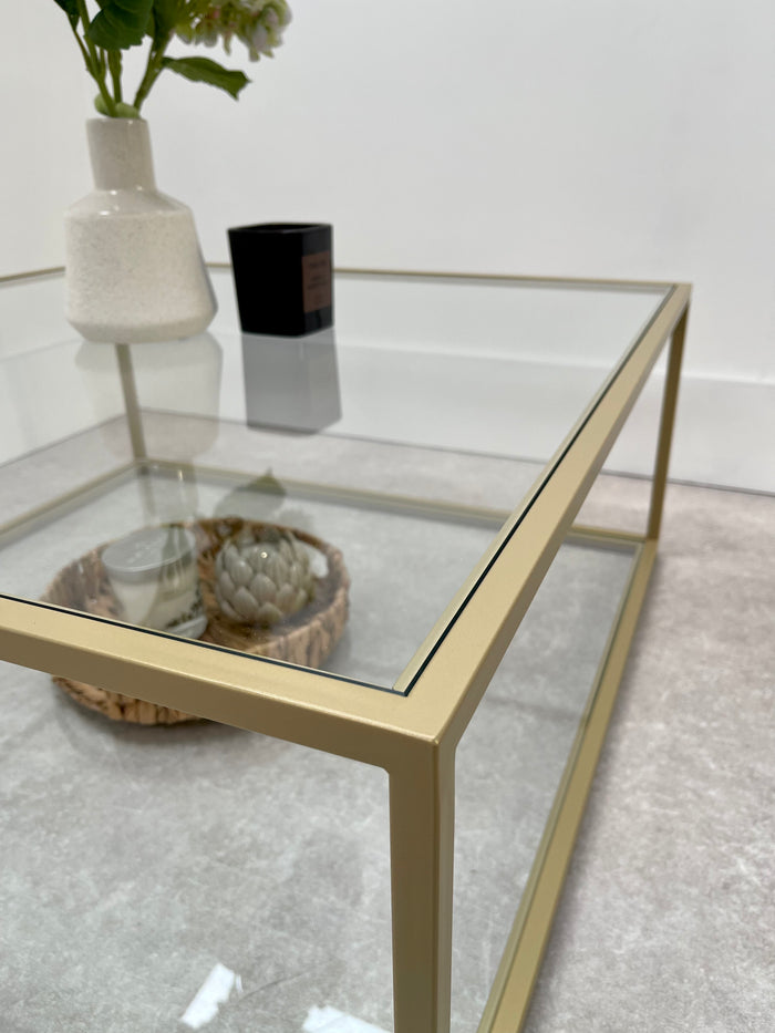 close up view of gold metal coffee table 