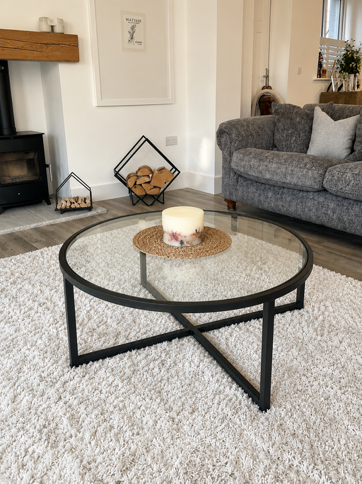 Crossley Round Glass Metal Coffee Table - Black
