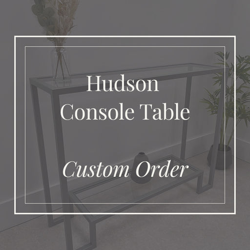 Hudson Console Table with text overlay on a dark background