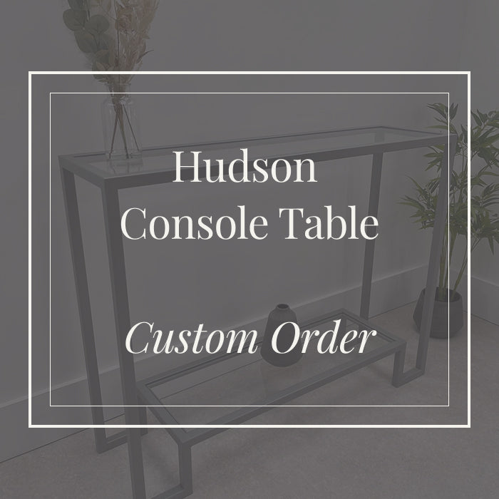 Hudson Console Table with text overlay on a dark background