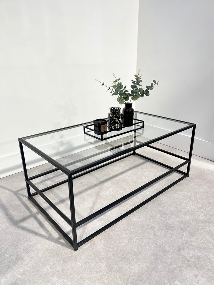 rectangular modern glass and metal coffee table with matching display tray 