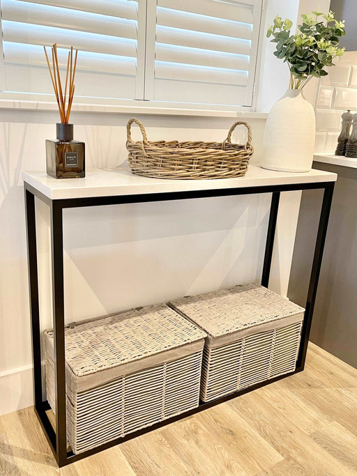 Marble Console Side End Table - White Quartz Matte Black Frame