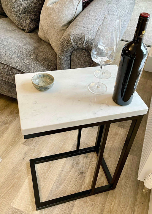 Marble Side Coffee Console End Table - White Quartz Matte Black Frame