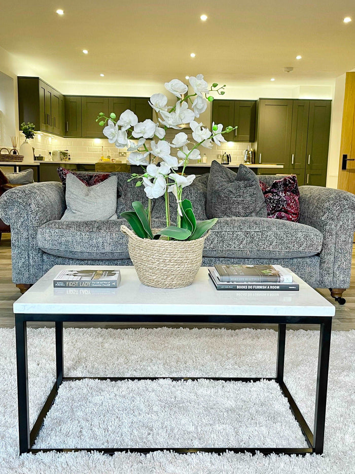 Marble Coffee Side End Table - White Quartz Matte Black Frame