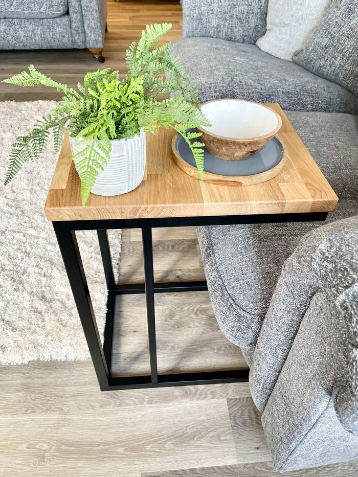 Oak Side Sofa End Table Matte Black Steel Frame