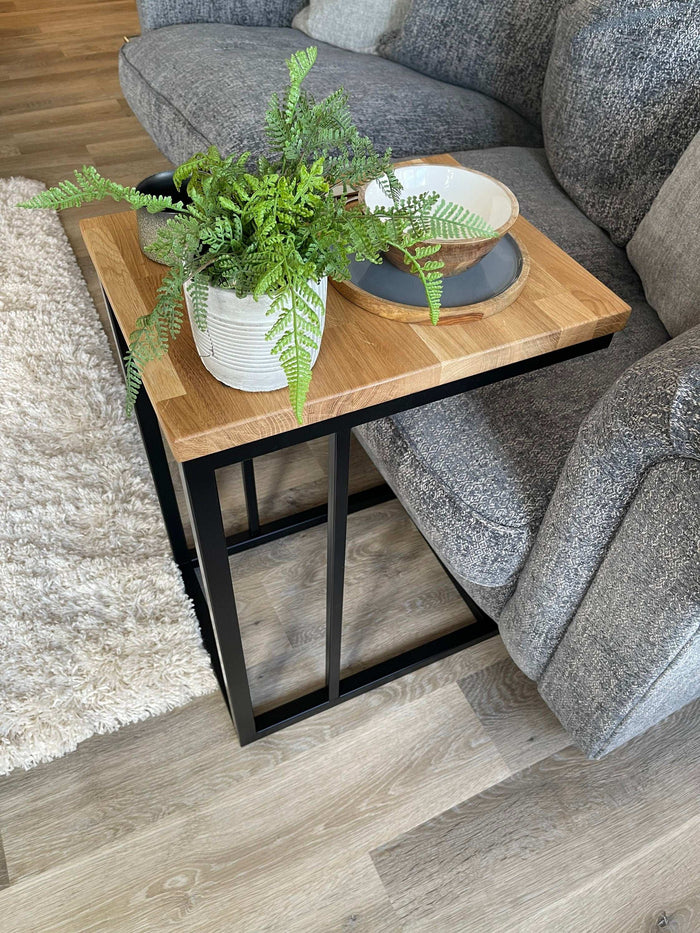 Oak Side Sofa End Table Matte Black Steel Frame