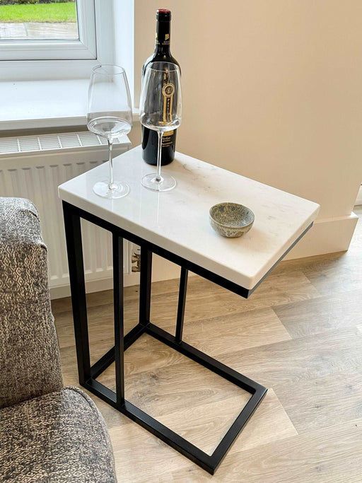 Marble Side Coffee Console End Table - White Quartz Matte Black Frame