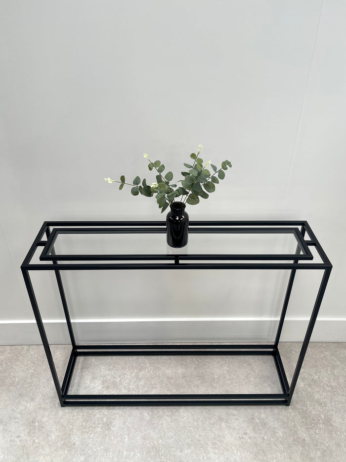 Thea console table with floating glass and black frame