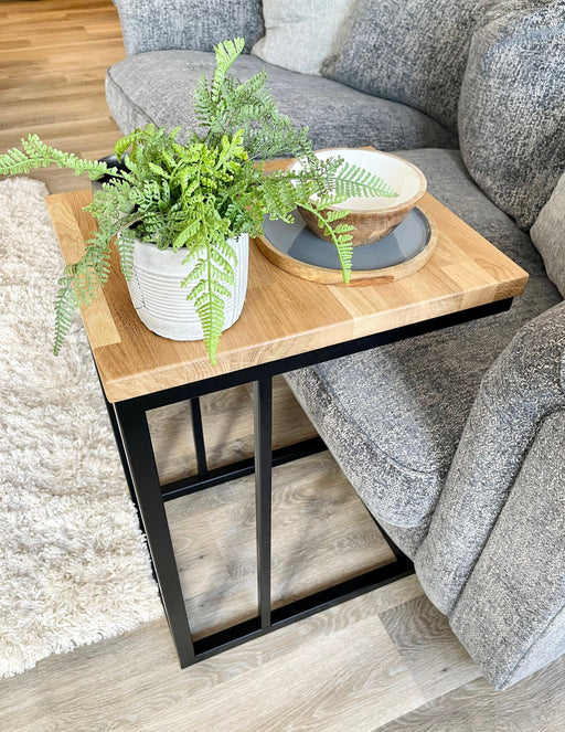 Oak Side Sofa End Table Matte Black Steel Frame