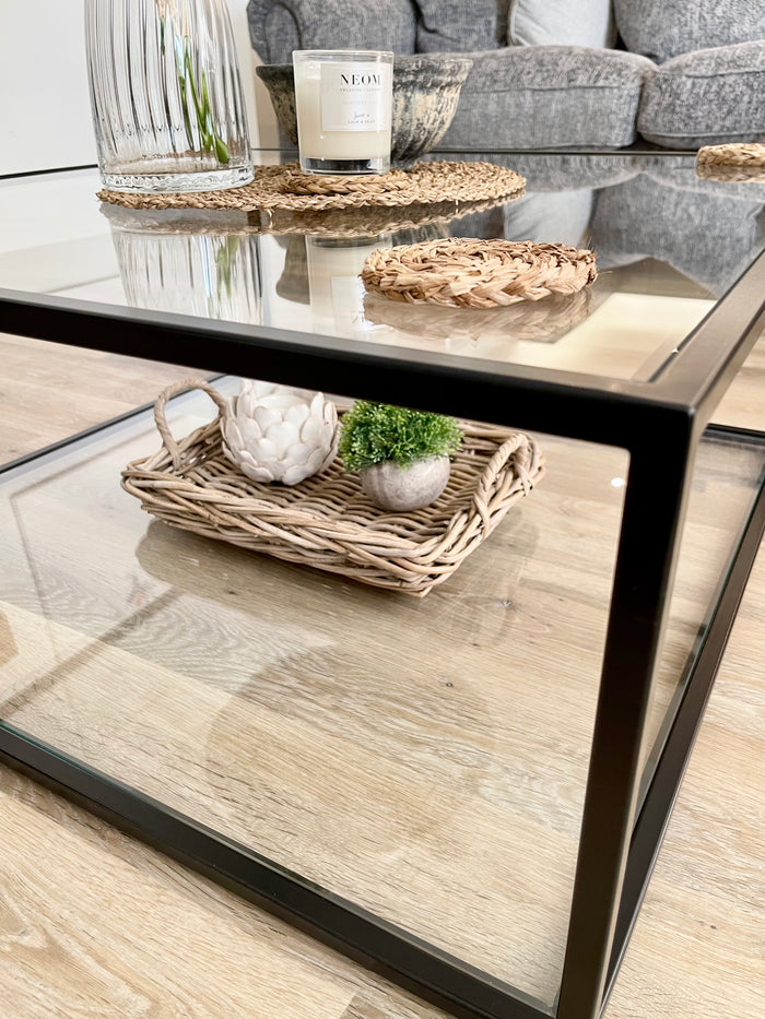 corner view of a metal coffee table to show the craftsmanship 