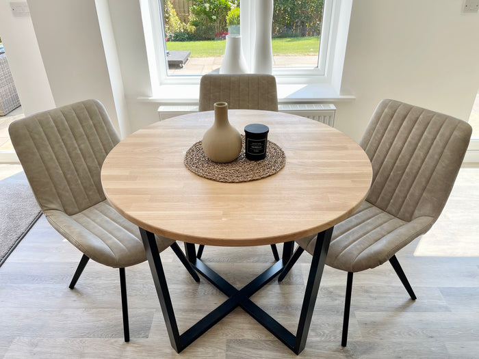 wooden top with metal crossed leg dining room table 