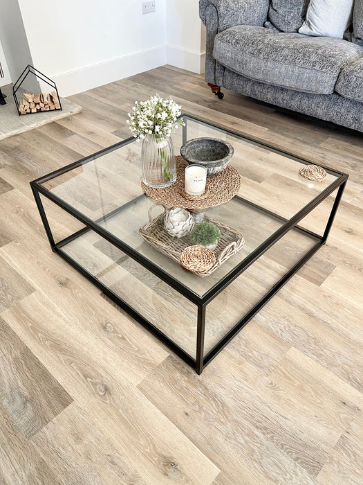 Mila Square Metal Glass Coffee Table With Shelf - Black
