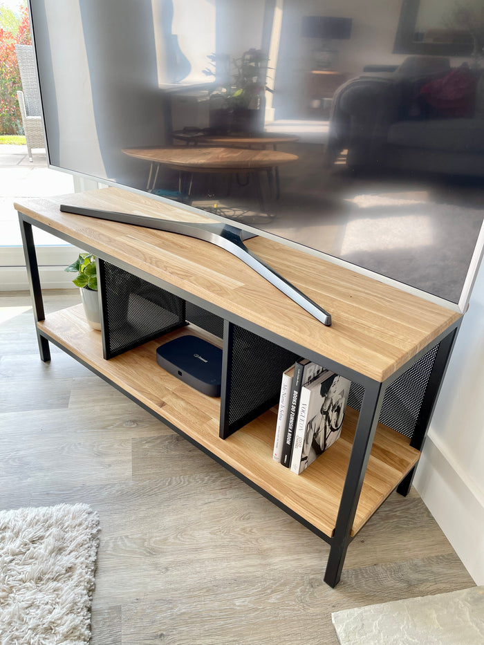 modern wooden and metal tv unit
